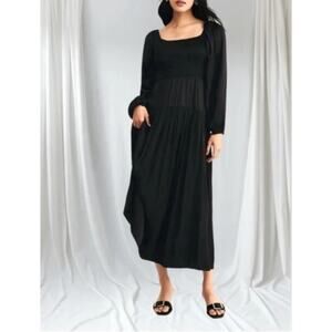 Z SUPPLY Black Wildes Black Satin Tiered skirt Smocked Midi Dress Long Sleeve XL